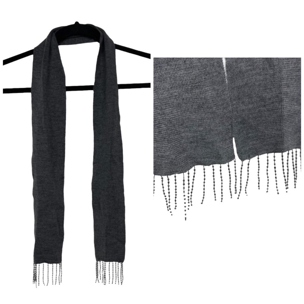 Gray Thin Beaded Fringe Scarf